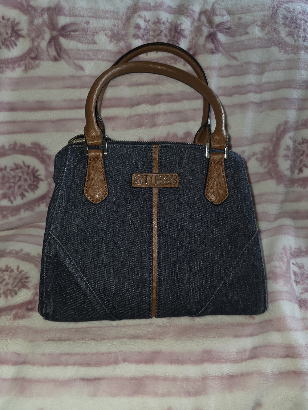 GUESS Dark Denim Satchel with Brown Trim